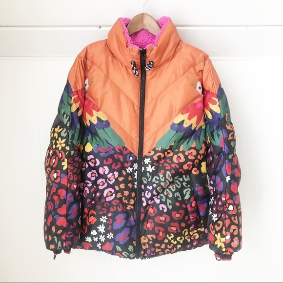 FARM Rio Mixed Macaw Faux-Shearling Reversible Puffer Jacket Rainbow Stripe Coat - Picture 6 of 16